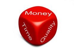 Picture: Red dice with the words MONEY, TIME and Quality showing on each side of the dice.
